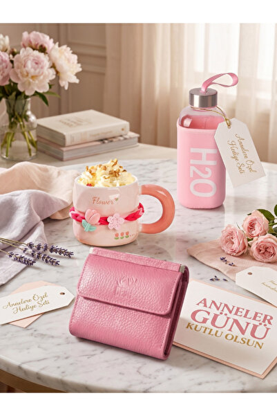 DEERDERİ Genuine Leather Wallet, Mug and Flask Set with Case Mother's Day Gift