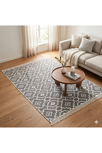 Bovia Home Pamuklu Çift Taraflı Geometrik Desenli Kilim - Saçaklı modern Halı