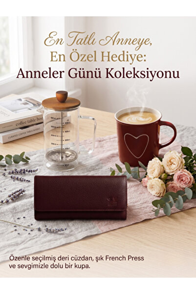 DEERDERİ Genuine Leather Wallet, Ceramic Mug and French Press Set Mother's Da...