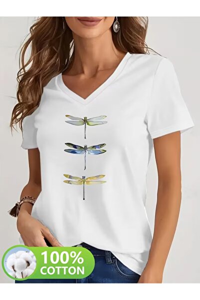 puolikuu Γυναικείο μπλουζάκι με άνετη εφαρμογή και λαιμόκοψη V, με μικτό εμπρ...