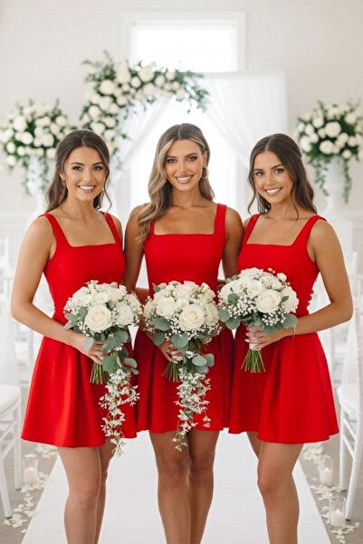 FashionForYou Σετ 3 τεμαχίων κοντό φόρεμα babydoll MARA με φιόγκο, Κόκκινο, Μ...