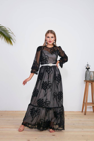 FIRST STYLE فستان تركي ماكسي مكون من قطعتين وشيفون باللون الأسود