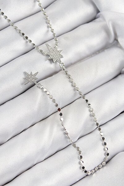 TakÇalıştır Brass Zircon Stone Crushed Chain Pole Star Model Silver Color Y N...