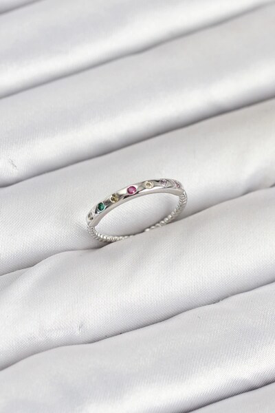 TakÇalıştır Brass Silver Color Colorful Zircon Stone Women's Ring