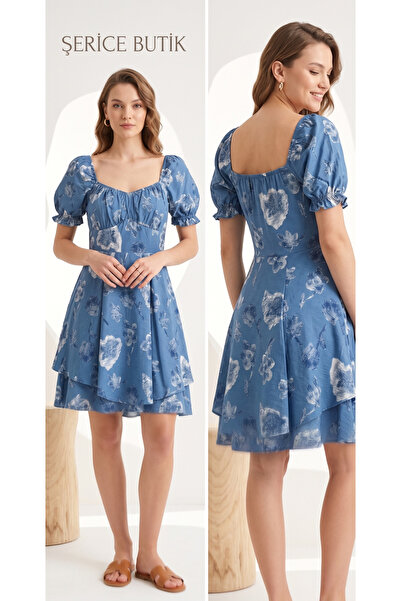 ŞERİCE Women's Blue Floral Patterned Square Neck Watermelon Sleeve Mini Dress