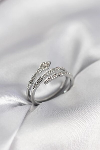TakÇalıştır Snake Model Silver Color Zircon Stone Women's Ring