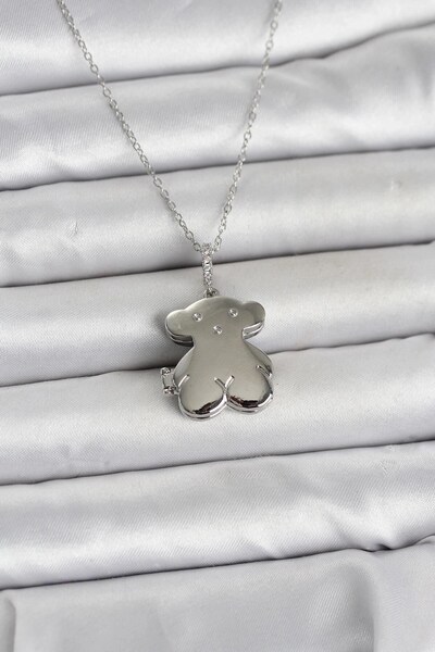 TakÇalıştır 316L Steel Chain Silver Color Teddy Bear Model Openable Women's N...