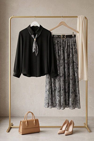 FERHEL Women's Skirt with Belt, Scarf, Lined Skirt, Blouse, Chiffon Set - Black