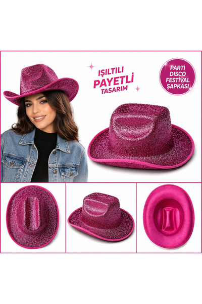Genel Markalar Mey İthalat® Parlak Pembe Kovboy Şapka Kadın Erkek Parti Disco...