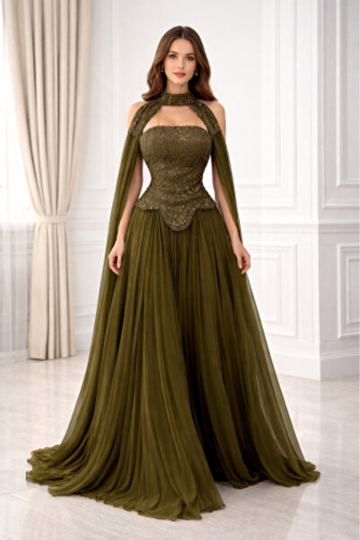 liyan fashion Olive Green Embroidered Evening Dress with Double Abaya