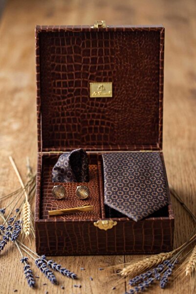 Kravatkolik Καφέ Ανδρικό Κουτί Δώρου - Σετ Γραβάτα, Μαντήλι, Μανικετόκουμπα κ...