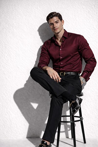 sepetx ERKEK BASİC PREMİUM PAMUK SATEN SLİM FİT BORDO GÖMLEK