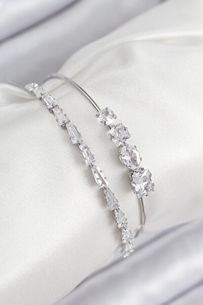 OtoTech Brass Zircon Stone Watercourse Model Silver Color Women's Bracelet