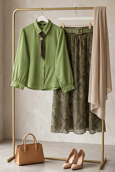 FERHEL Women's Skirt with Belt, Scarf, Lined Skirt, Blouse, Chiffon Set - Çağla