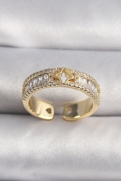 TakÇalıştır Brass Gold Color Zircon Stone Star Engraving Vip Series Women's Ring