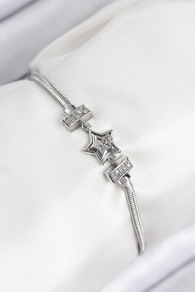 TakÇalıştır Brass Zircon Stone Star Model Silver Color Women's Bracelet