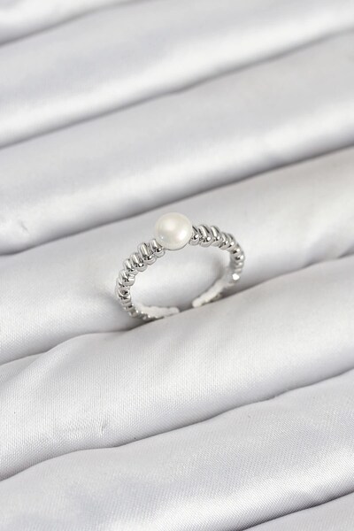 TakÇalıştır Brass Silver Color Belly Pearl Model Women's Ring