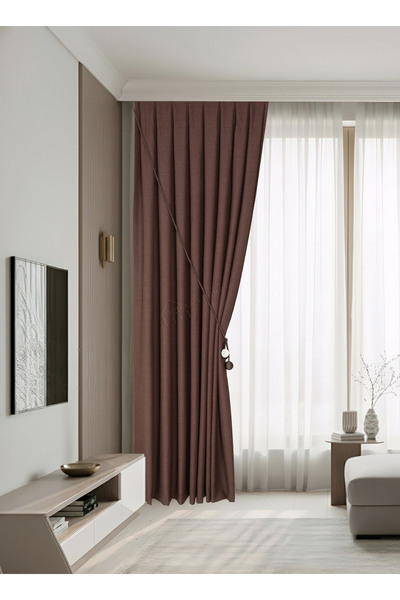 cheap's home Mat Görünüm Keten Dokulu Modern Fon Perde - Sık Pileli 1/3 (AÇIK...