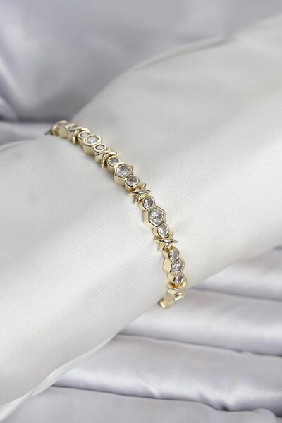 TakÇalıştır Brass Gold Color Honeycomb Model Zircon Stone Women's Bracelet