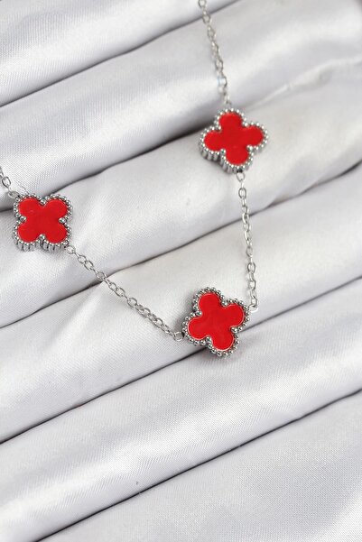 TakÇalıştır 316L Steel Chain Silver Red Color Clover Women Necklace