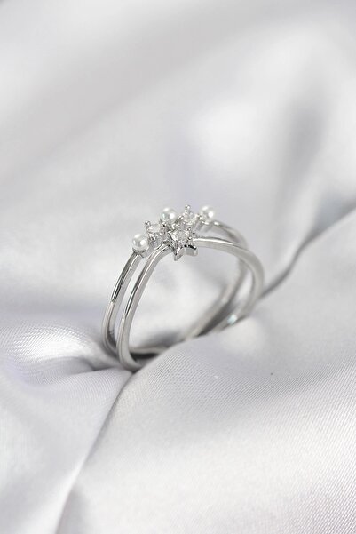 SORA GROUP Silver Color Pearl Star Model Zircon Stone Women's Ring