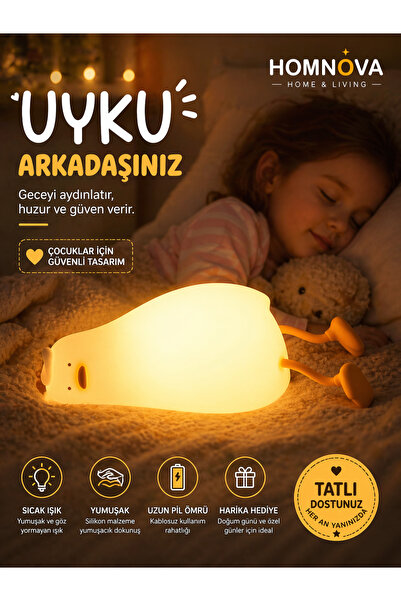 Homnova Şarjlı Dokunmatik Renk Değiştiren Silikon Yatan Ördek Gece Lambası Te...