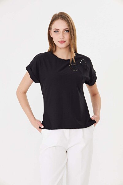 Sortie Γυναικείο μπλουζάκι με φιόγκο στο στήθος, κεντημένο, με σκίσιμο, Modal...