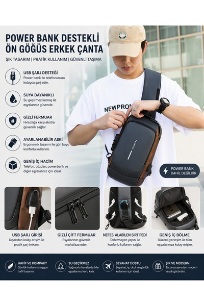 House Bird Power Bank Destekli USB Girişli Ön Göğüs Erkek Çanta – Su Geçirmez...