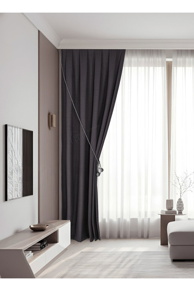 cheap's home Mat Görünüm Keten Dokulu Modern Fon Perde - Seyrek Pileli 1/2 (A...