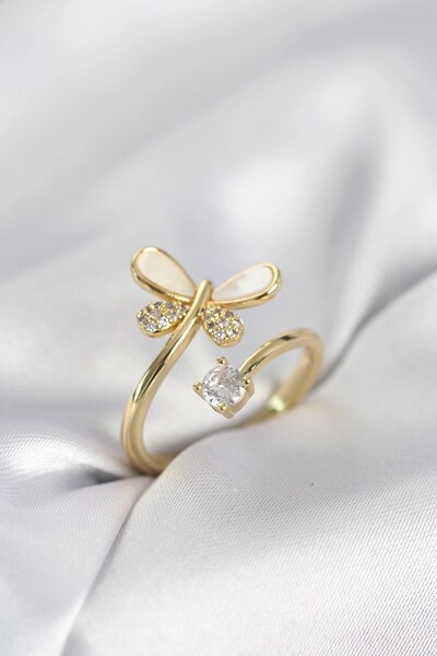 TakÇalıştır Gold Color Dragonfly Model Zircon Stone Women's Ring
