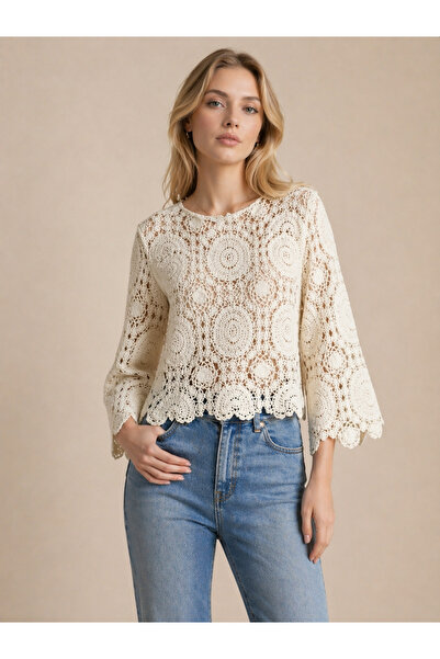 Kirazgym Δαντελένια μπλούζα Γυναικεία μακρυμάνικη, χαλαρή εφαρμογή, κομψό καθ...