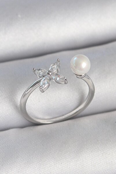 TakÇalıştır Brass Silver Color Zircon Stone Flower Model Pearl Detail Adjusta...