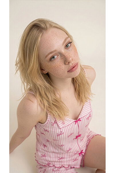 Arzey Pink Ribbon Patterned Viscose Lycra Strap Shorts Set
