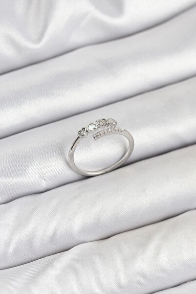 OtoTech Brass Silver Color Heart Detailed Zircon Stone Women's Ring