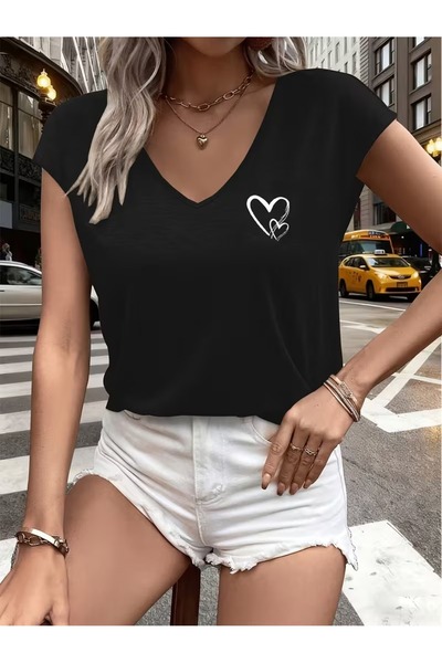 puolikuu Γυναικείο μπλουζάκι με άνετη εφαρμογή V-λαιμόκοψη και στάμπα με δύο ...