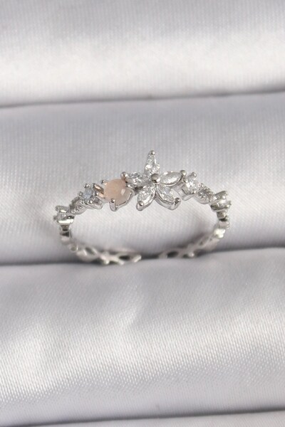 TakÇalıştır Brass Silver Color Zircon Stone Flower Model Adjustable Ring