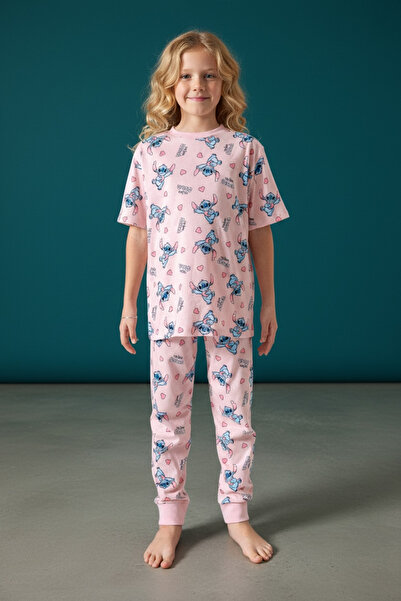 gülse kids Kız Çocuk Pembe Stitch Karakter Desenli Pamuklu Pijama Takımı