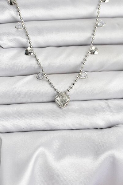 TakÇalıştır Brass Silver Color Heart Model Women's Necklace