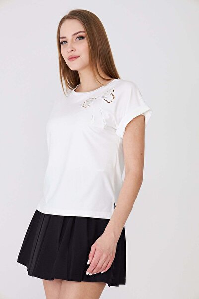 Sortie Γυναικείο μπλουζάκι με φιόγκο στο στήθος, κεντημένο, με σκίσιμο, Modal...