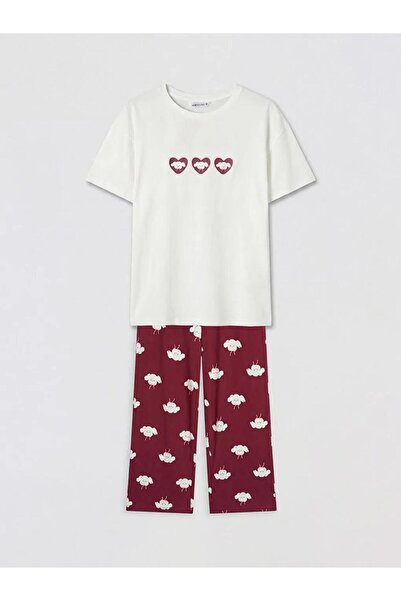 LC Waikiki Γυναικείο σετ πιτζάμες κάπρι με στάμπα και λαιμόκοψη ποδηλάτου (S6)