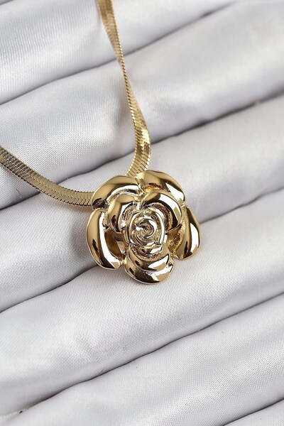 TakÇalıştır 316L Steel Rose Figured Italian Chain Model Gold Color Women's Ne...