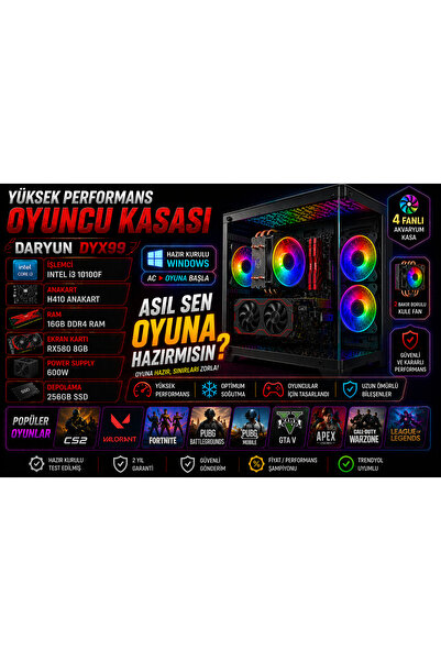 DARYUN DYX99 İ3-10100f 16GB DDR4 Ram 256GB SSD RX580 8 GB Ekran Kartı Oyuncu ...