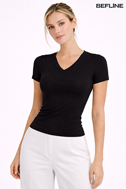 LAVİNİM Kadın Çilek Kumaş V Yaka Likralı Slim Fit Body Tişört – Esnek, Toparl...