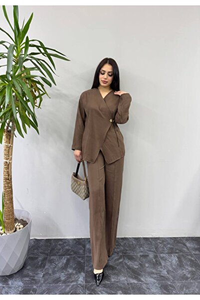 SHEZAN MODA Kadın Kahverengi Kruvaze Yaka Düğme Detaylı Yandan Bağlamalı Takı...