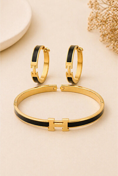 OEM Γυναικείο Σετ Κοσμημάτων: Βραχιόλι + Χρυσά Σκουλαρίκια με Μαύρα Ένθετα, Κ...