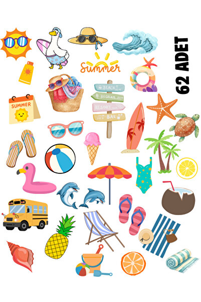 P&B COLLECTION WORKSHOP Yaz Temalı Sticker Seti 62 Adet Summer, Plaj, Tatil, ...