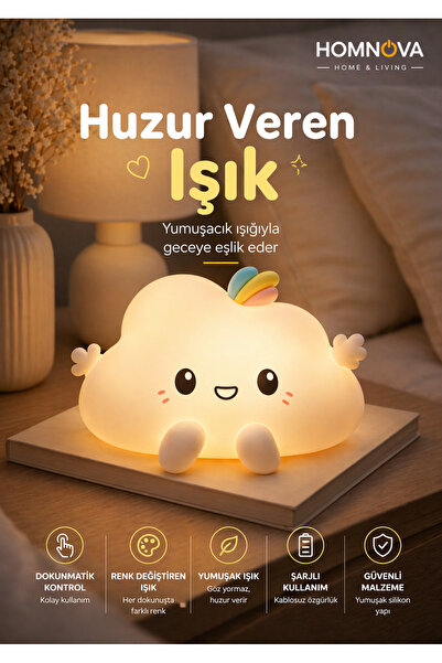 Homnova Dokunmatik Renk Değiştiren Bulut Gece Lambası Şarjlı Silikon