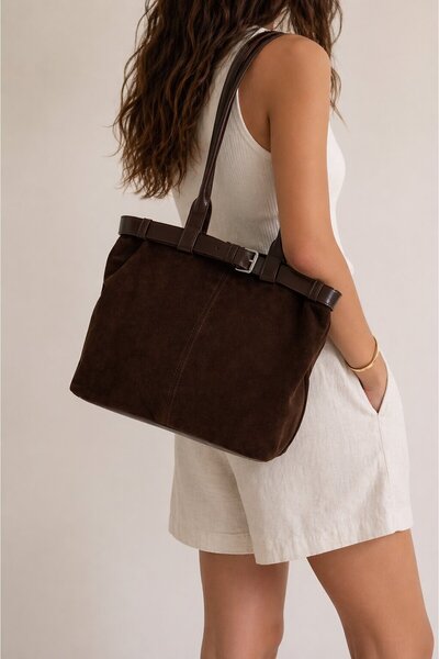 Timburly Γυναικεία τσάντα ώμου μεσαίου μεγέθους από γνήσιο δέρμα σουέτ με λεπ...