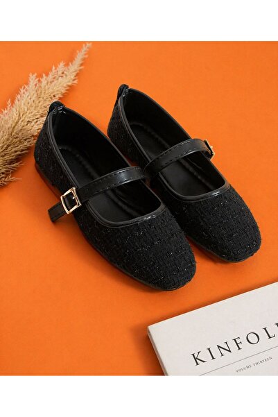 AYENDE MODA Μαύρα υφασμάτινα γυναικεία παπούτσια μπαλαρίνας από ύφασμα τουίντ...