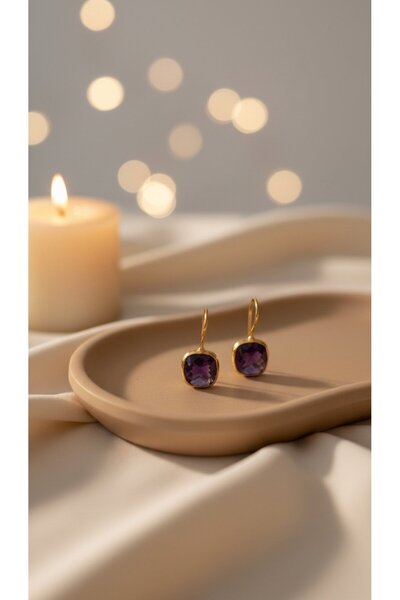 SR Jewelry Box Mor Taşlı Minimal Küpe – Gold Detaylı Zarif Sallantılı Küpe 💜✨